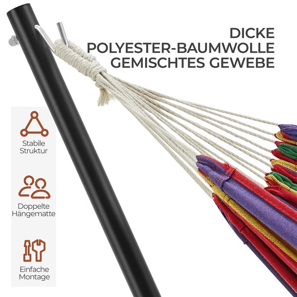 Detailansicht einer Hängematte mit Gestell, bestehend aus Polyester-Baumwoll-Mischgewebe