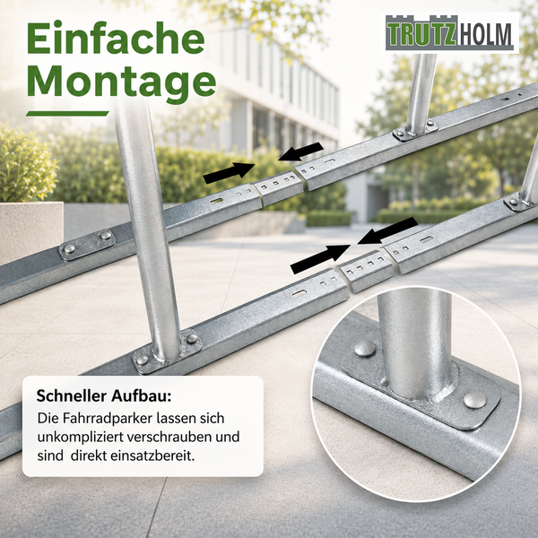 Trutzholm Fahrradständer aus Metall bei der Montage mit Pfeilen zur Verbindung und Detailansicht der Verschraubung. Trutzholm Logo.