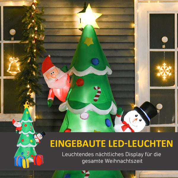 HOMCOM Aufblasbarer Weihnachtsbaum mit Weihnachtsmann, Schneemann und Geschenkbox, 144 x 125 x 210 cm, Polyester, Grün