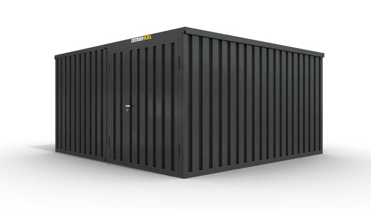 Lagercontainer M2  – 12 qm, H2150 x B3050 x T4340 mm, Außenwandlackierung anthrazit, Dach außen verzinkt, mit Holzfußboden, 1830 mm Doppelflügeltür mittig in Modul D, montiert
