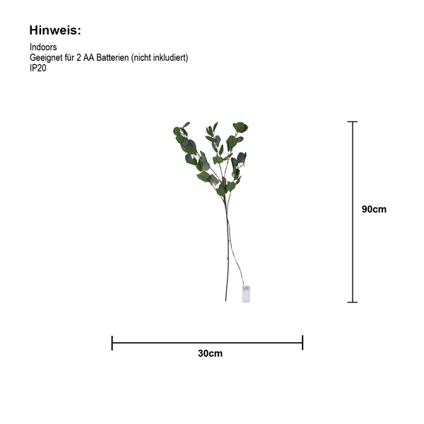 Dekorative Eukalyptus-Zweigleuchte mit 2 AA-Batterien, geeignet für den Innenbereich, 90 x 30 cm