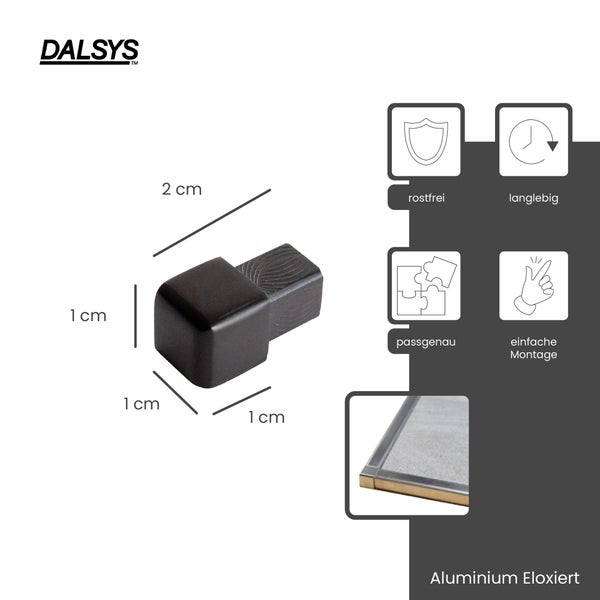 DALSYS Logo, schwarze Außenecke, eloxiertes Aluminium, 1 mal 1 mal 2 Zentimeter, rostfrei, langlebig, passgenau, einfache Montage.
