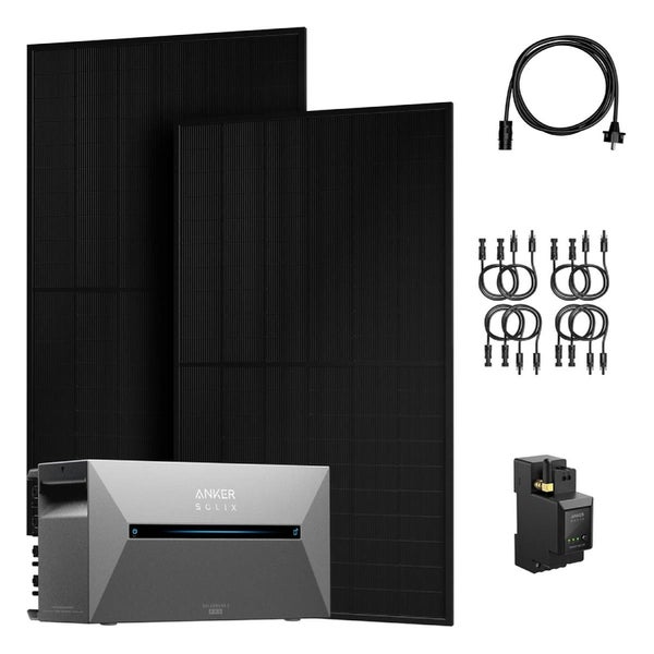 Anker SOLIX Balkonkraftwerk-Set mit zwei Solarmodulen, Solarbank 2 Pro Speichersystem, Smart Meter und Anschlusskabeln.