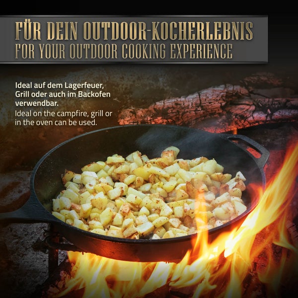BBQ#BOSS Bratpfanne aus Gusseisen Ø31 cm, Gusseisenpfanne mit Doppelgriff & Ausgießer, Eisenpfanne rund, Antihaftbeschichtung, Feuerpfanne Gusspfanne Grillpfanne Steakpfanne für Backofen, Herd & Grill