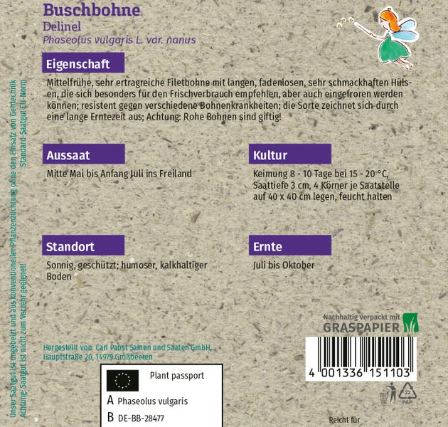 Rückseite der Samentüte für Buschbohne Delinel mit Informationen zu Aussaat, Kultur, Standort und Ernte auf nachhaltigem Graspapier.