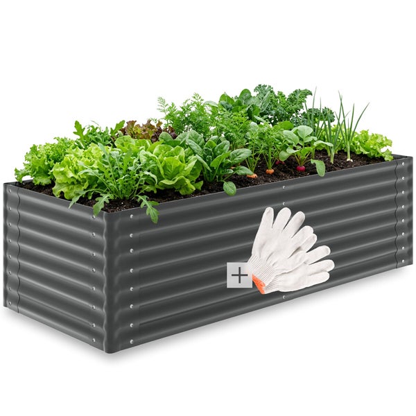 Rechteckiges Hochbeet aus gewelltem Metall mit verschiedenen Gemüsepflanzen und einem Paar Arbeitshandschuhen.