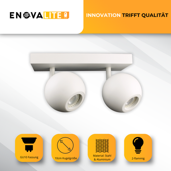 Zwei-flammige Innenleuchte aus Stahl und Aluminium mit GU10 Fassung und einem Kugeldurchmesser von 10 cm