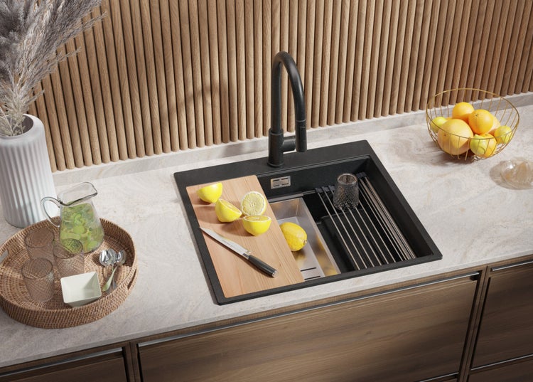 PRIMAGRAN Spülbecken Anthrazit 58x53cm, Granitspüle 1 Becken + Ablauf-Set + Küchenzubehörset, Küchenspüle ab 60er Unterschrank - Oslo Max
