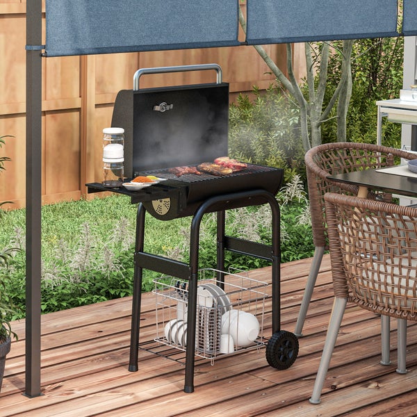 Outsunny Holzkohlegrill, Grillwagen mit Deckel, Ablagen Campinggrill mit Rädern, 83L x 46,5B x 115H cm, Edelstahl, Schwarz