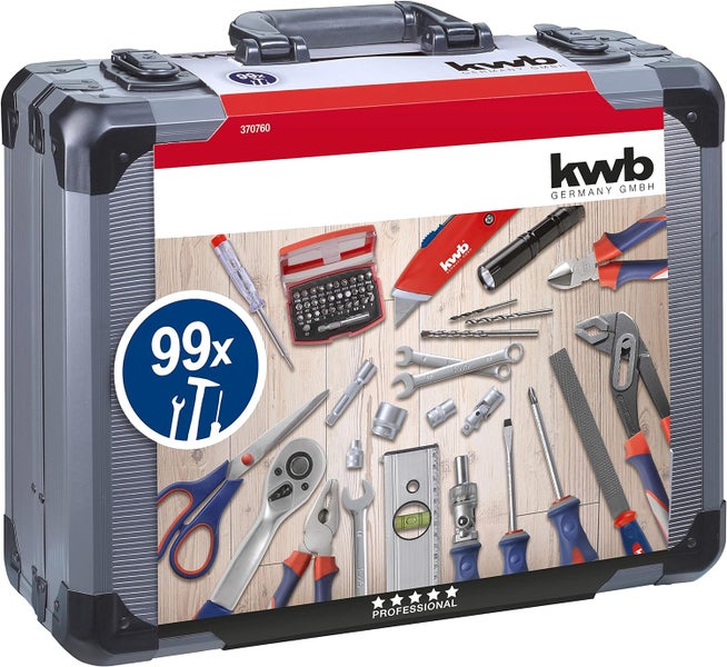 kwb Werkzeug-Koffer inkl. Werkzeug-Set, 99-teilig, gefüllt, robust und hochwertig, ideal für den Haushalt oder die Garage, im stabilen Alu-Koffer