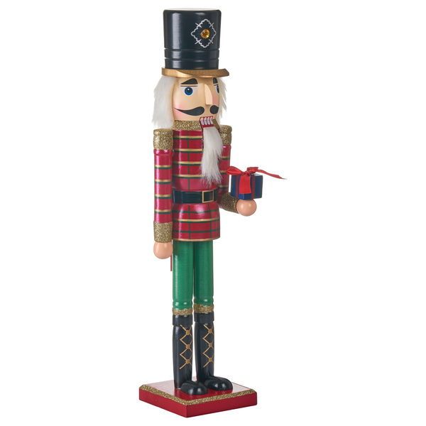 Holz Nussknacker Figur mit Geschenk in der Hand