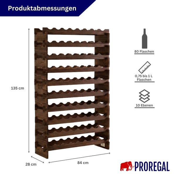 Weinregal Holz dunkelbraun für 80 Flaschen. Maße: Höhe 135 cm, Breite 84 cm, Tiefe 28 cm. 10 Ebenen für Flaschen von 0,75 bis 1 Liter.