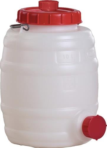Weißes Kunststoff-Getränkefass 10 Liter mit roten Schraubverschlüssen.