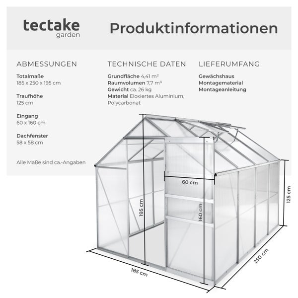 Gewächshaus tectake  185 x 250 x 195 cm 7,7 m³ transparent
