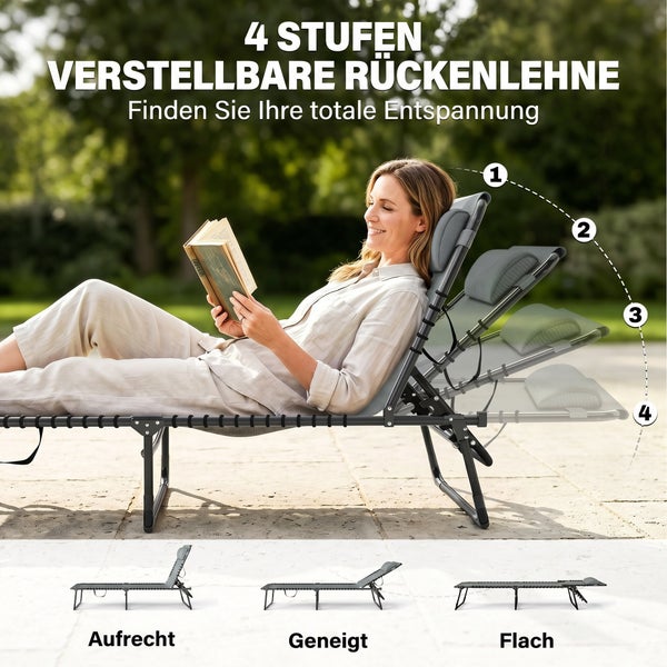 Gartenliege mit 4-stufig verstellbarer Rückenlehne, Darstellung der Positionen aufrecht, geneigt und flach mit einer lesenden Person.