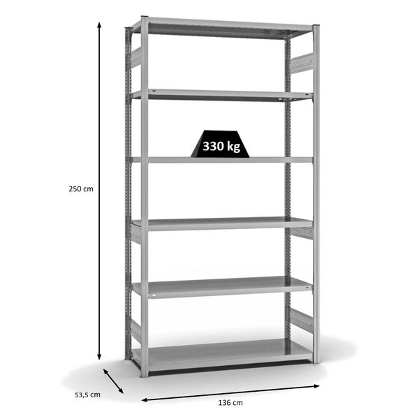 PROREGAL Fachbodenregal Stecksystem T-Profil Heavy-Duty Grundregal HxBxT 250 x 130 x 50 cm 6 Ebenen Fachlast 330 kg Beidseitig Nutzbar Verzinkt