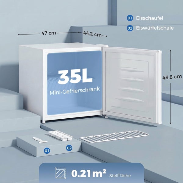 Mini Gefrierschrank mit 35 Liter Volumen inklusive Eisschaufel und Eiswürfelschale mit Maßangaben.