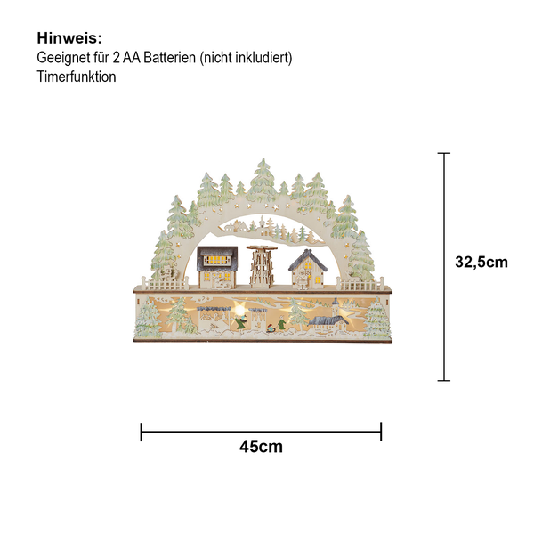 Dekorative Holz Silhouette mit Winterdorfmotiv, 45 Zentimeter breit und 32,5 Zentimeter hoch, geeignet für zwei AA Batterien, Timerfunktion.