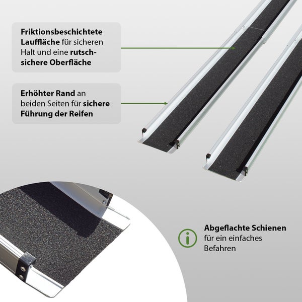 Detailaufnahme von Rollstuhlrampen mit rutschfester Oberfläche und erhöhten Seiten zur sicheren Reifenspurführung