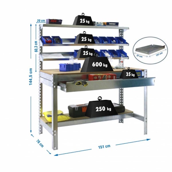 PROREGAL Werkbank Buffalo mit Frontablage und Schubfach HxBxT 84 x 150 x 76 cm Traglast 600 kg Verzinkt