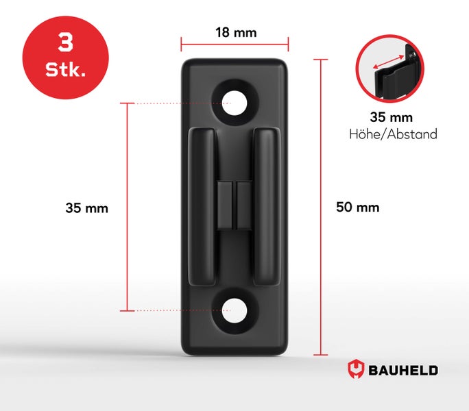 Abstandshalter aus Kunststoff mit den Maßen 18 mm Breite, 50 mm Länge, 35 mm Höhe, 3 Stück