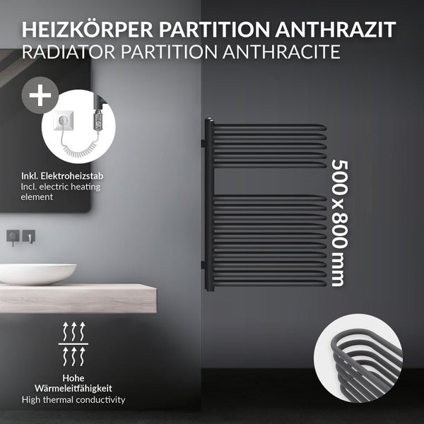 ML-Design Elektrischer Badheizkörper 500x800 mm Anthrazit & Heizstab 300W, Design Heizkörper Designheizkörper Handtuchtrockner Handtuchwärmer Handtuchheizkörper Handtuchhalter Handtuchheizung Heizung