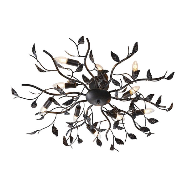 Rustikale Deckenleuchte in Zweig-Optik mit Blättern und zehn Fassungen für Leuchtmittel.