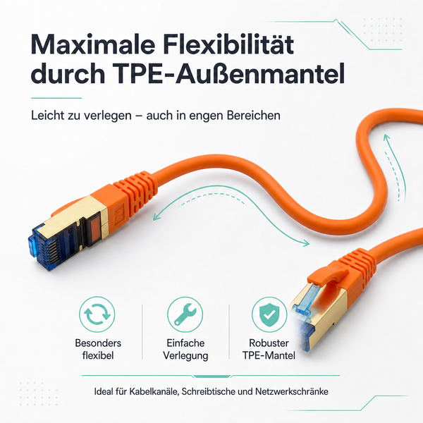 Flexibles RJ45-Netzwerkkabel mit robustem TPE-Außenmantel und vergoldeten Anschlüssen, leicht zu verlegen in engen Bereichen.