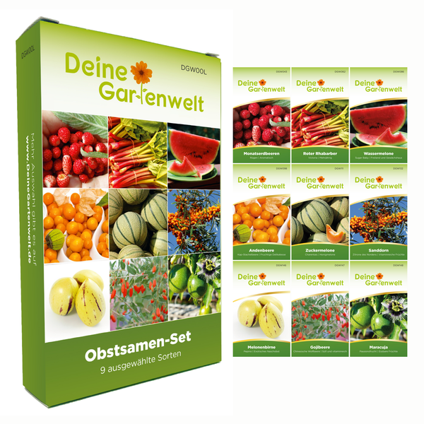 Obstsamen-Set Deine Gartenwelt mit 9 Sorten: Erdbeere, Rhabarber, Wassermelone, Physalis, Melone, Sanddorn, Melonenbirne, Goji und Maracuja.