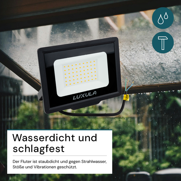 Schwarzer LED Strahler von Luxula mit Wasserdichtigkeitssymbol und Schlagfestigkeitssymbol