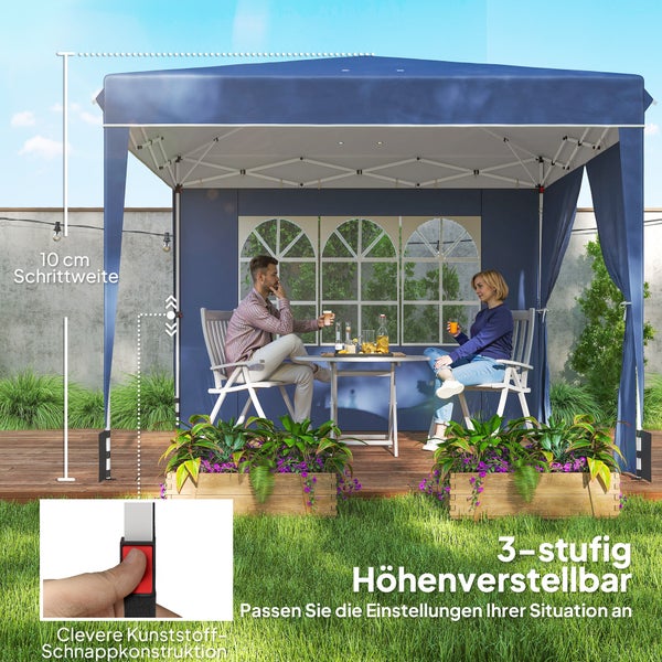 Blauer Faltpavillon auf Holzterrasse mit zwei Personen an einem Tisch. Dreistufig höhenverstellbar in 10 Zentimeter Schritten mit Schnappmechanismus.
