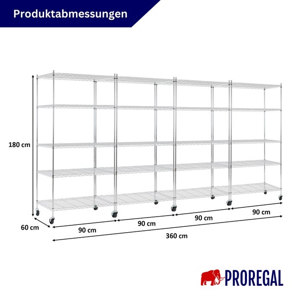 Mobiles Proregal Drahtgitterregal auf Rollen mit 5 Böden. Höhe 180 Zentimeter, Breite 360 Zentimeter, Tiefe 60 Zentimeter. Proregal Logo.