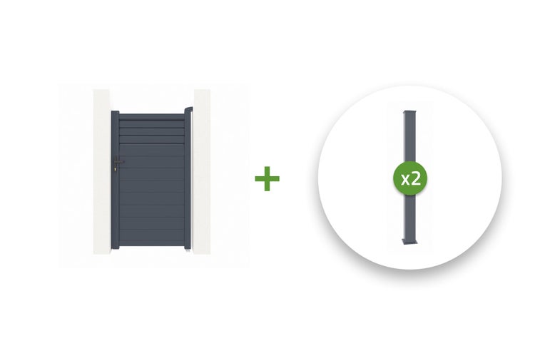 Anthrazitfarbenes Gartentor mit horizontalen Lamellen inklusive zwei passenden Zaunpfosten.