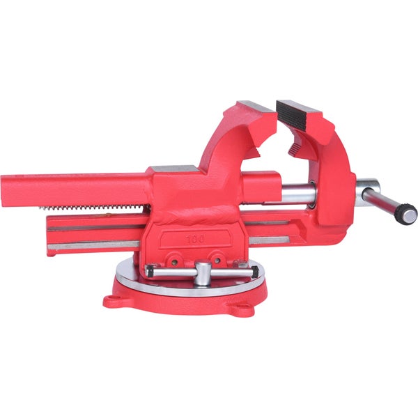 Roter Schraubstock mit einer Backenbreite von 100 Millimetern.