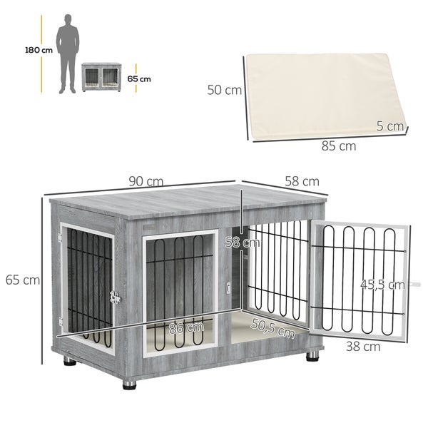 PawHut Hundekäfig, Hundehütte, Haustierkäfig mit Kissen, 2 Verriegelungen für Mittelegroße Hunde, Hundebox mit Doppeltüren, Hundehaus, Grau, 90 x 58 x 65 cm