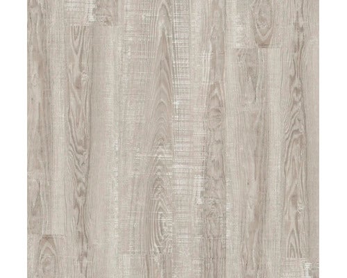 Laminatboden mit Holzmaserung in hellgrauer Eichenoptik und rustikaler Oberfläche.