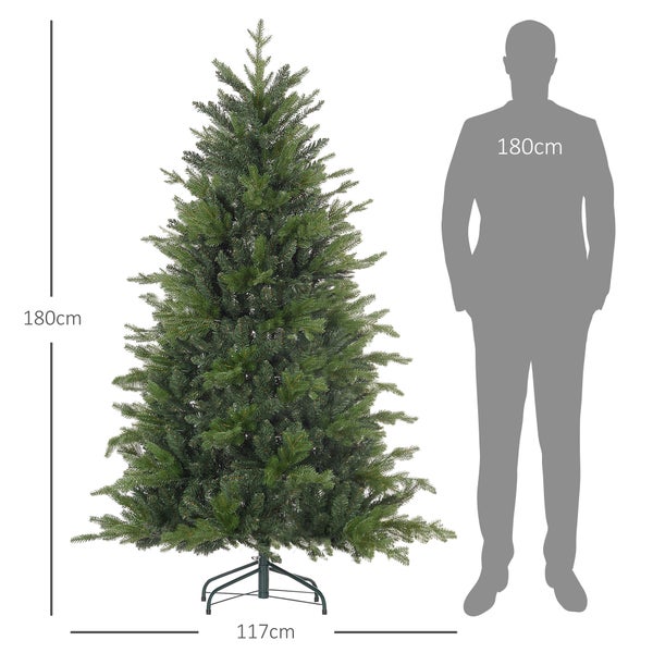 Künstlicher Weihnachtsbaum mit einer Höhe von 180 Zentimetern und einem Durchmesser von 117 Zentimetern neben einer menschlichen Silhouette.