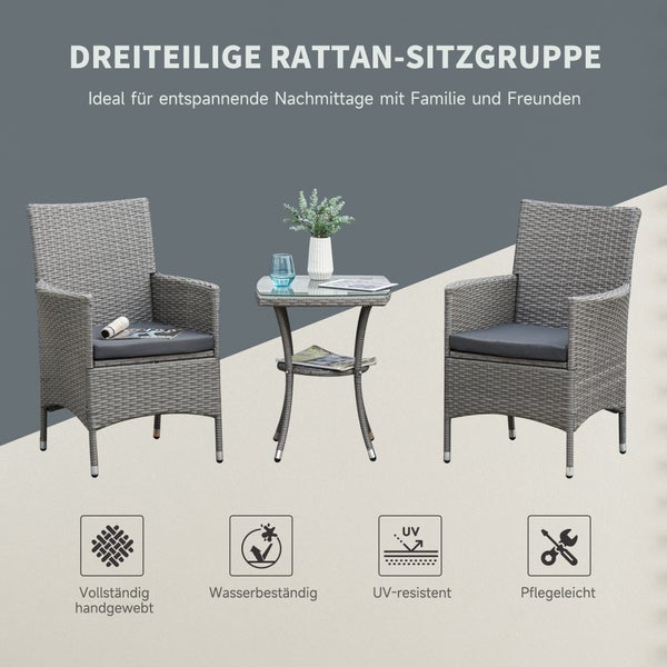 Outsunny 3-tlg. Gartenmöbel-Set, B60 x T58,5 x H89,5 cm, Metall, PE-Rattan, Polyester, Schaumstoff, grau