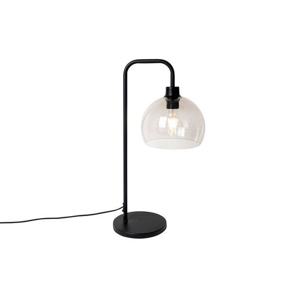 Schwarze Tischleuchte mit gebogenem Metallarm und rundem Glasschirm.