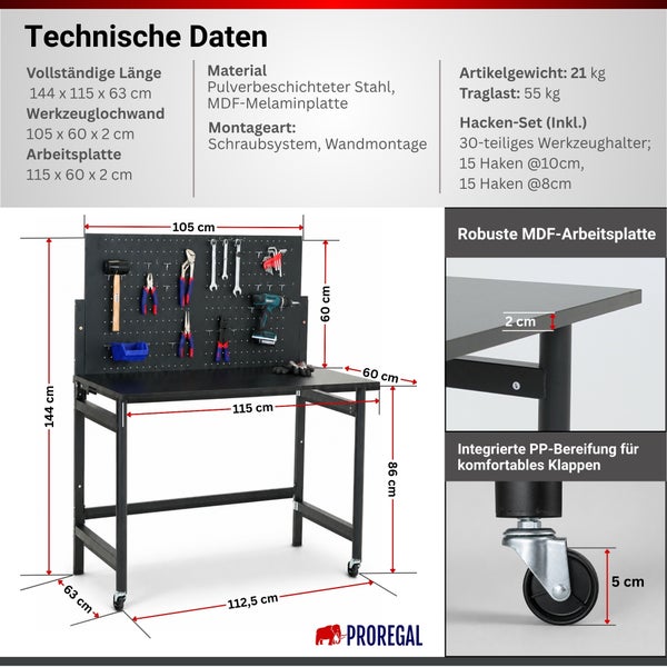 Mobile schwarze Werkbank mit Lochwand und 30-teiligem Halterset für Werkzeuge, übersichtlich organisiert für effizientes Arbeiten. Proregal Logo.