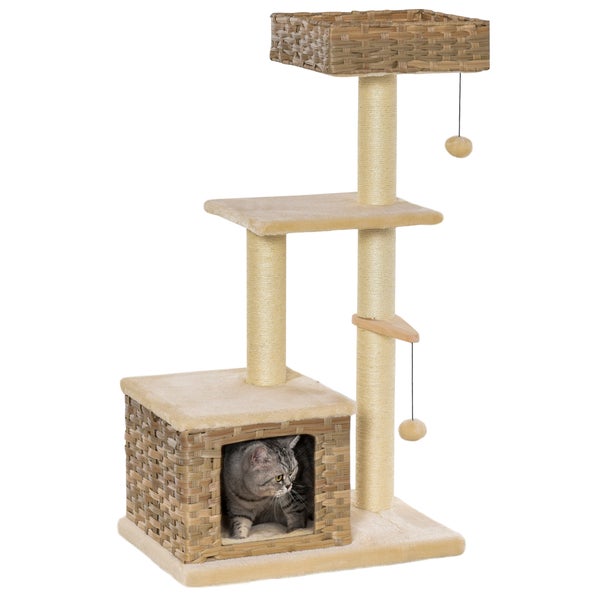 PawHut Rattan Katzenbaum Kratzbaum Kätzchen Möbel mit Katzenhöhle Ballspielzeug Sisal weiche Plüsch PE Höhe 108 cm Braun+Beige
