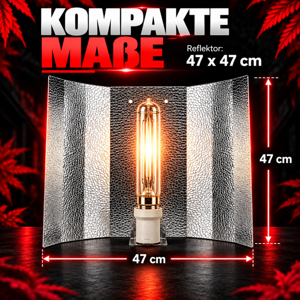 Pflanzenlampe mit strukturiertem Reflektor in der Größe 47 mal 47 Zentimeter mit zentraler Leuchteinheit für die Pflanzenzucht.