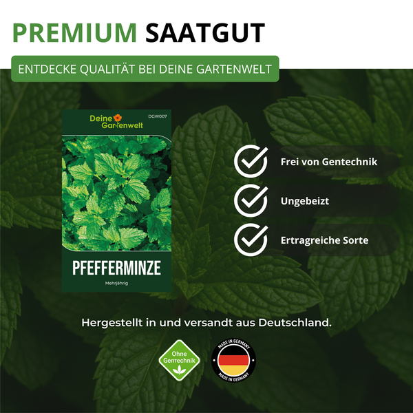 Premium Pfefferminze Saatgut von Deine Gartenwelt Logo, frei von Gentechnik, ungebeizt, ertragreiche Sorte, hergestellt in Deutschland.