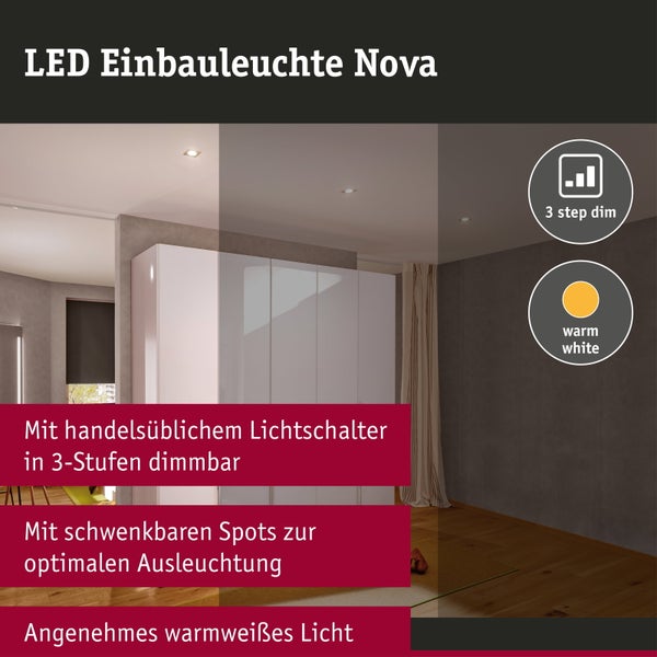 LED-Einbauleuchte Nova im Raum mit weißem Schrank. In 3 Stufen über Lichtschalter dimmbar, schwenkbare Spots, warmweißes Licht.