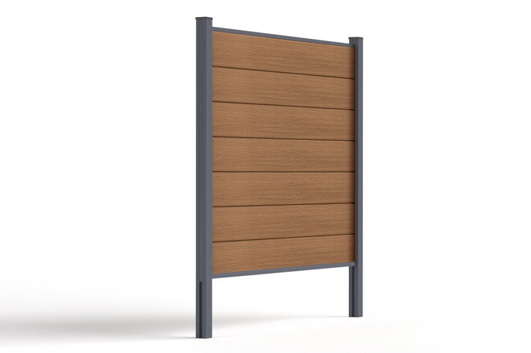 Sichtschutzelement aus Holz-Kunststoff-Verbundwerkstoff in Holzoptik mit einem Rahmen und Pfosten aus Aluminium in Anthrazit.
