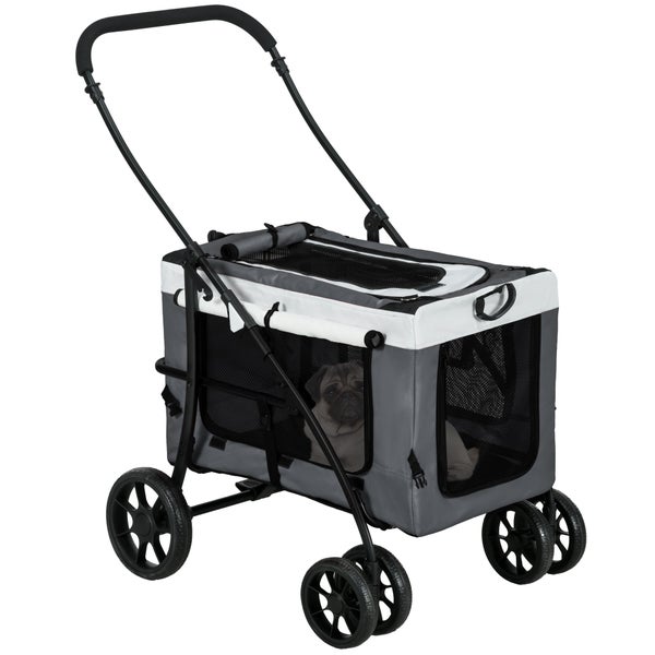 PawHut 2 in 1 Hundebuggy Haustierwagen Hundetrolley mit abnehmbarem Korb, 2 Sicherheitsleinen Klappbarer Katzenwagen für kleine und Miniaturhunde, Oxford, Grau