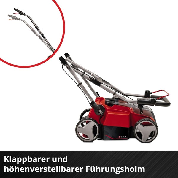 Einhell Vertikutierer-Lüfter mit zusammengeklapptem, höhenverstellbarem Führungsholm.