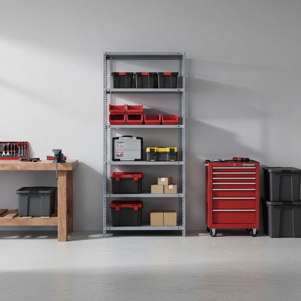 Hell eingerichtete Werkstatt mit Werkbank aus Holz, Metallregal mit Aufbewahrungsboxen und einem roten Werkstattwagen auf Rollen.