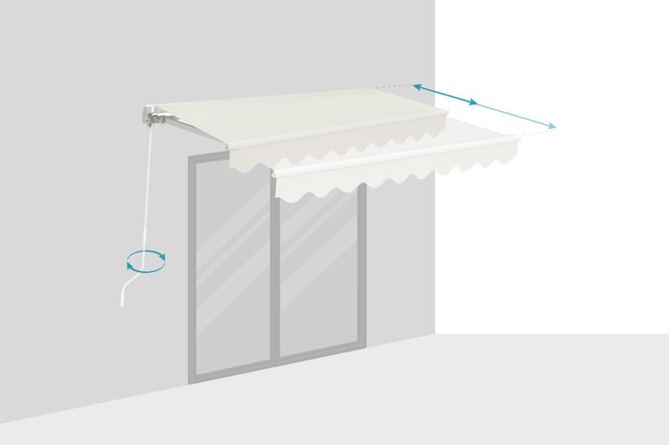 Illustration einer Markise mit Kurbelantrieb und Ausfallwinkelanzeige