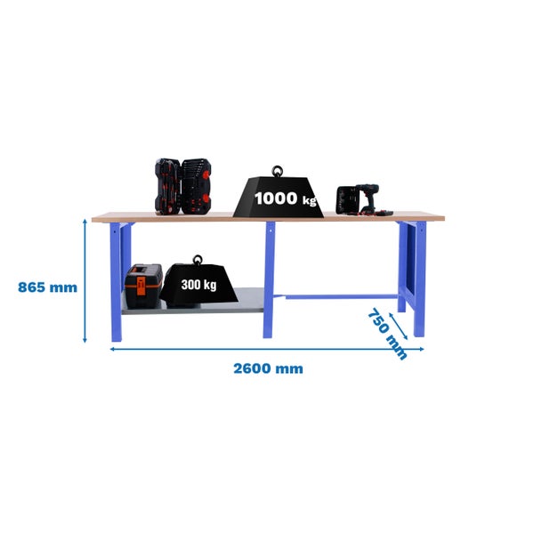 Werkbank BUFFALO WOOD | HxBxT 86,5x260x75cm | Traglast 1000kg | Blau